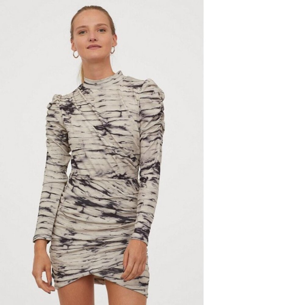 H&M BEIGE GRAY TIE DYE BODY CONTOUR HIGH NECK LONG SLEEVE RUCHED DRESS size M